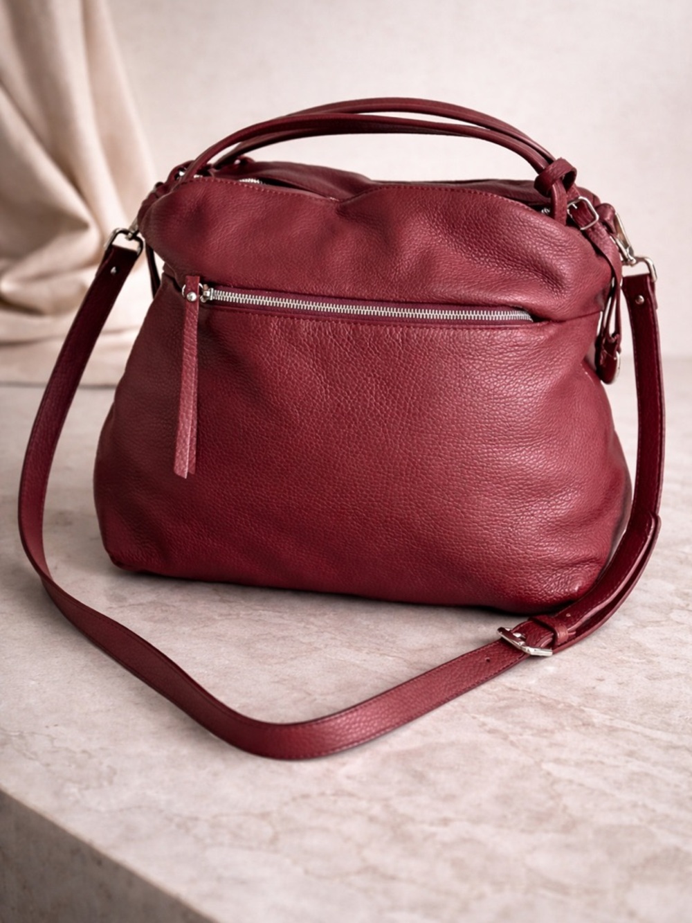 Nicoli Burgundy Leather Hobo Shoulder Bag Large Slouch Tote Adjustable Strap